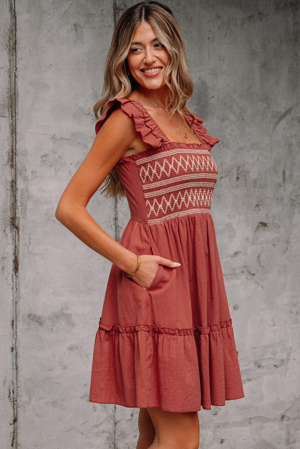 Red Sandalwood Geometric Stitch Ruffled Trim Sleeveless Mini Dress