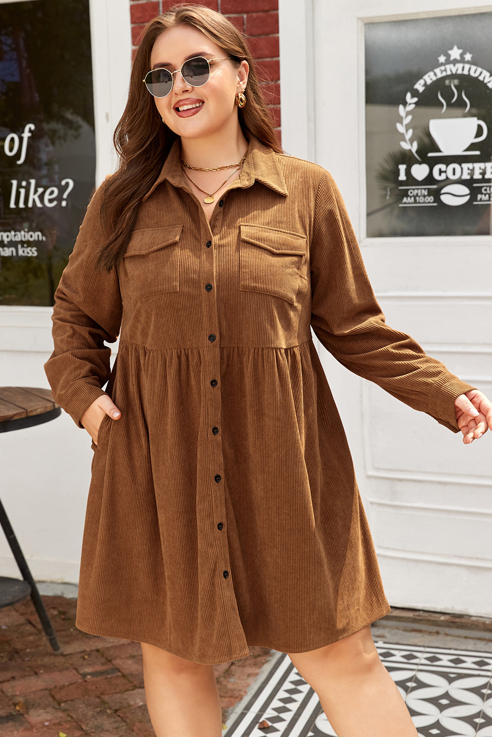 Camel Corduroy Buttoned Collared Shirt Dress