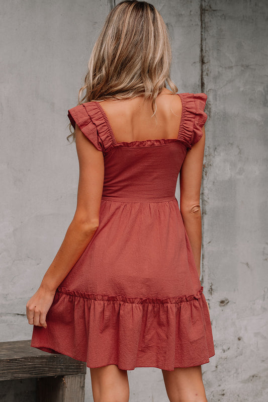 Red Sandalwood Geometric Stitch Ruffled Trim Sleeveless Mini Dress
