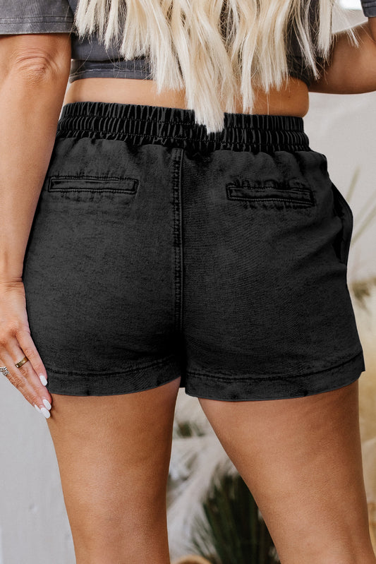 Black Drawstring Pocketed Denim Skort