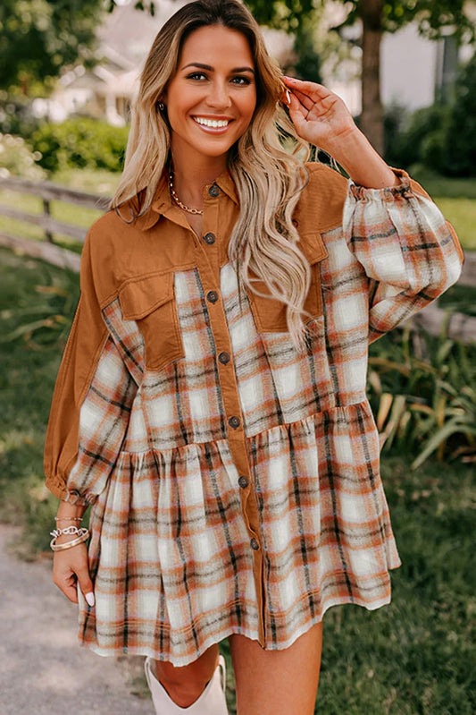 Khaki Plaid Color Block Ruffle Hem Dress