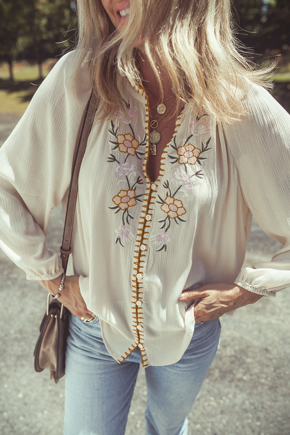 Beige Floral Embroidered Loose Shirt