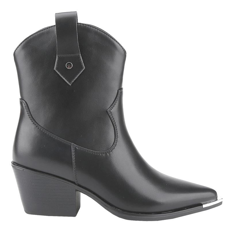 Belovely【Everywhere-5】Western Cowgirl Mid Leather Boot with Metal Toe and Heel Detail Walking Shoes Women Boots for Fall