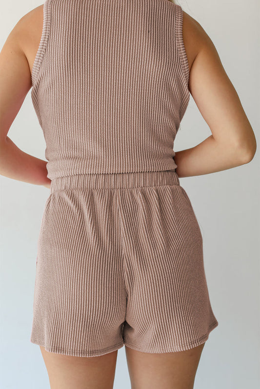 Smoke Grey Corded Sleeveless Top and Pocketed Shorts Set