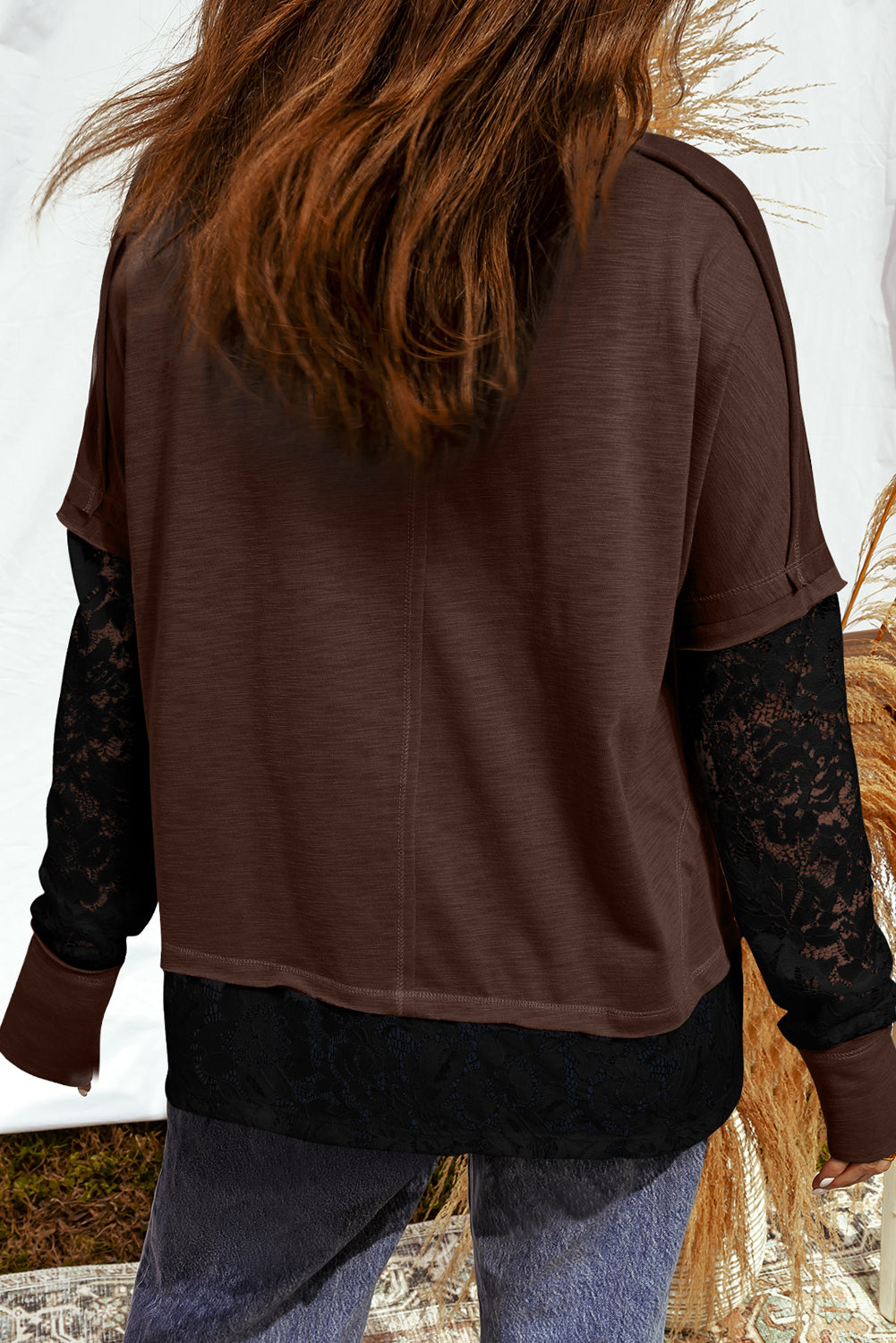 Dark Brown Sheer Lace Patchwork Casual Long Sleeve Tee