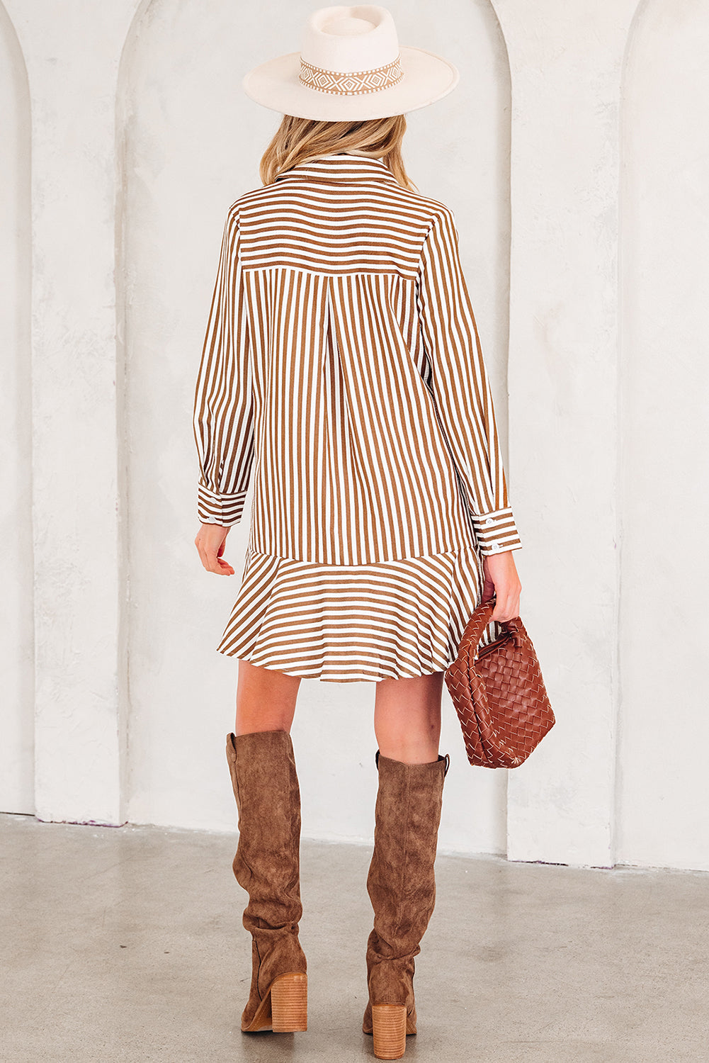 Brown Stripe Ruffled Hem Long Sleeve Mini Dress