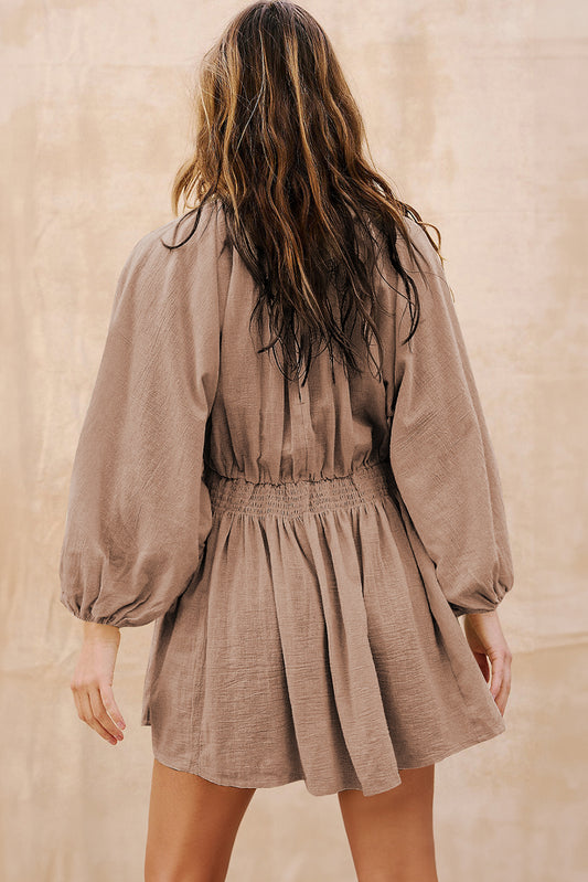 Smoke Gray Deep V Neck Bubble Sleeve Smocked Mini Dress