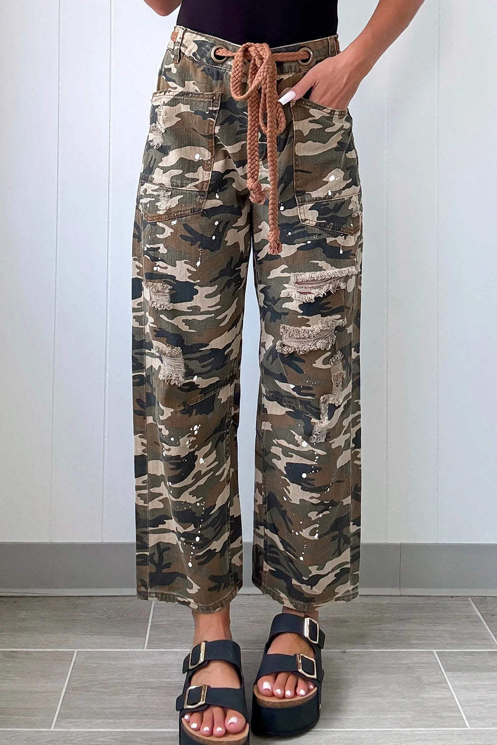 Camouflage Print Splashed Distressed Loose Denim Pants