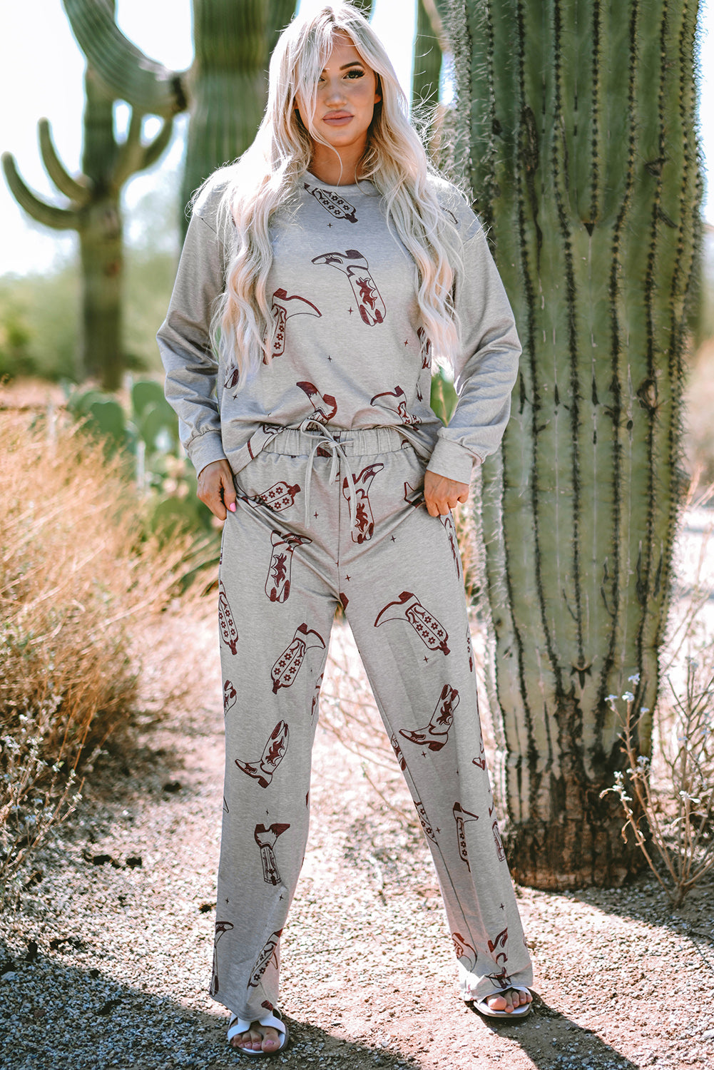 Gray Cowgirl Boots Printed Long Sleeve Top and Pants Lounge Set
