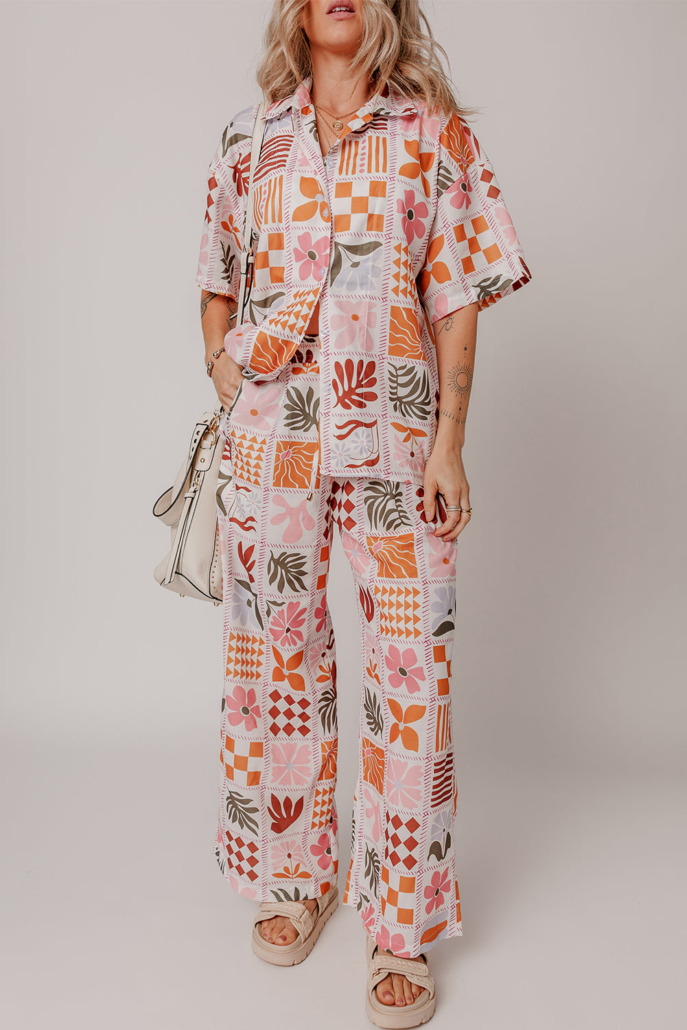Floral Checkered Print Collared Shirt and Wide Leg Pants Set