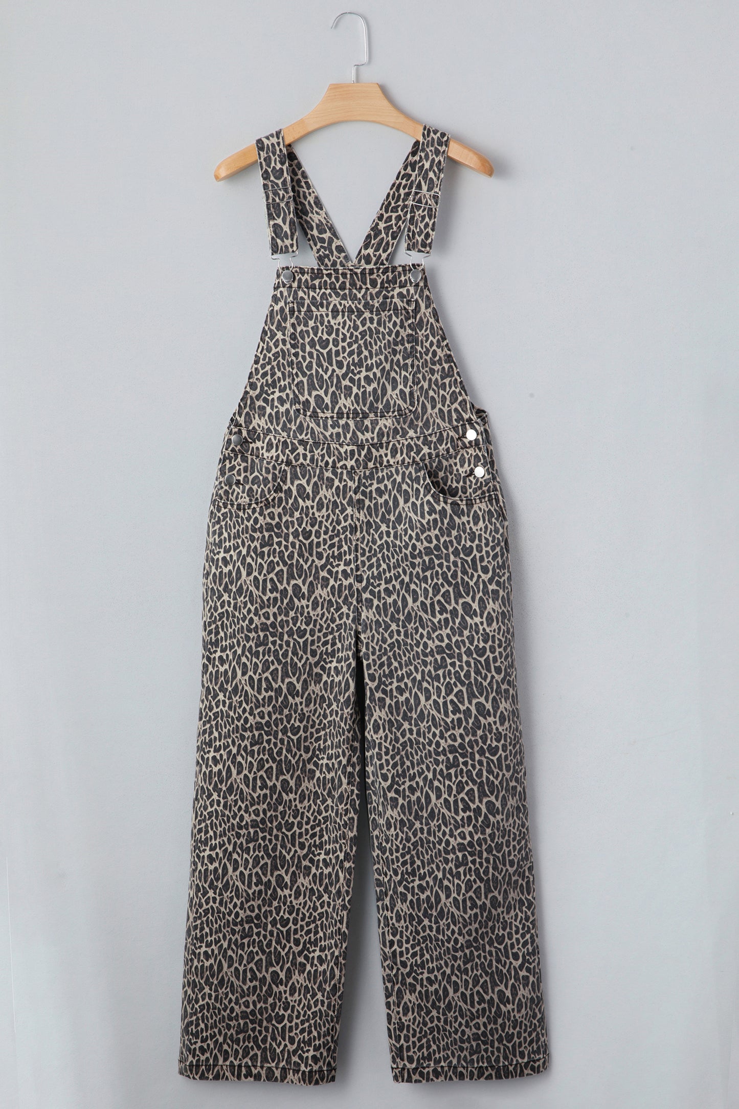 Leopard Print Straight Leg Denim Overall Jumpsuit