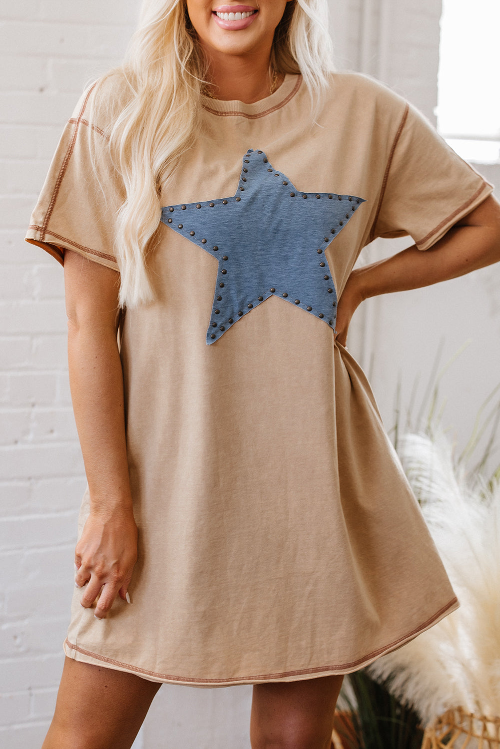 Khaki Stud Beaded Star Graphic Pocketed T-Shirt Dress