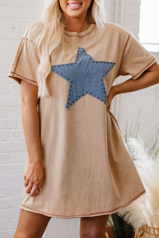 Khaki Stud Beaded Star Graphic Pocketed T-Shirt Dress