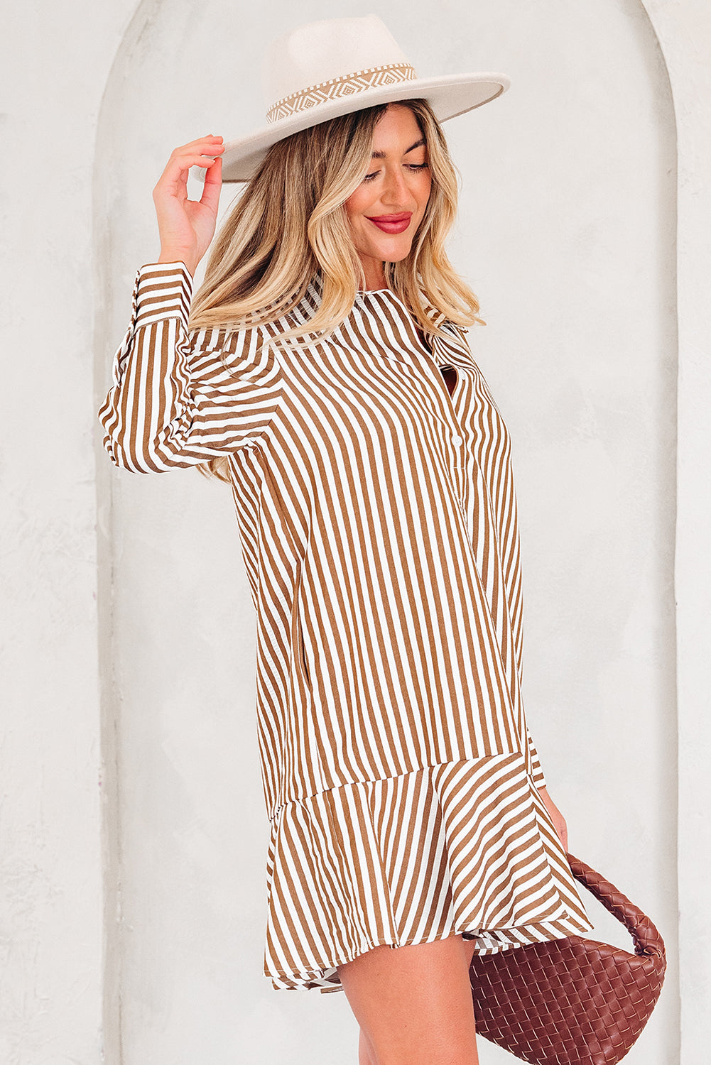 Brown Stripe Ruffled Hem Long Sleeve Mini Dress