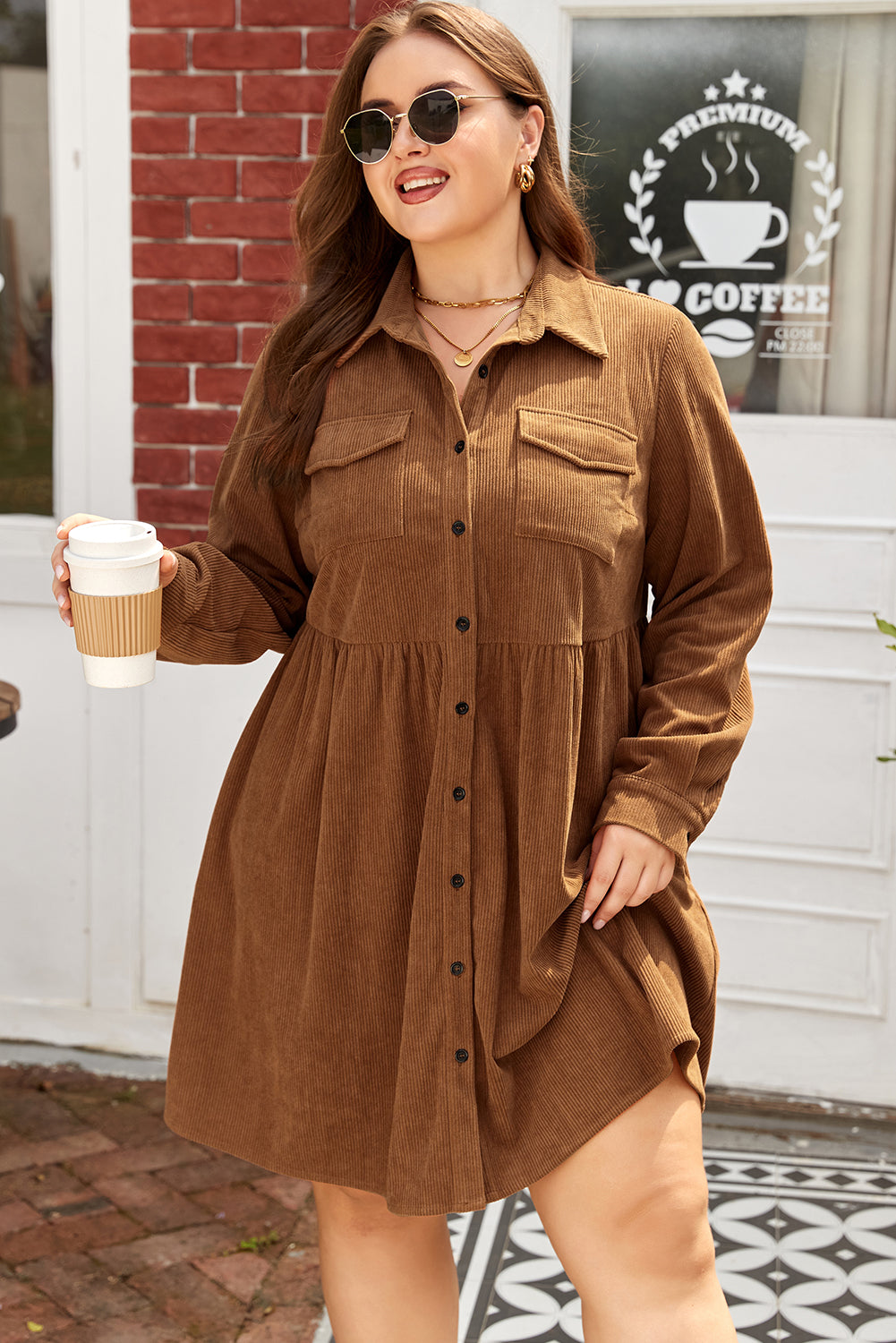Camel Corduroy Buttoned Collared Shirt Dress