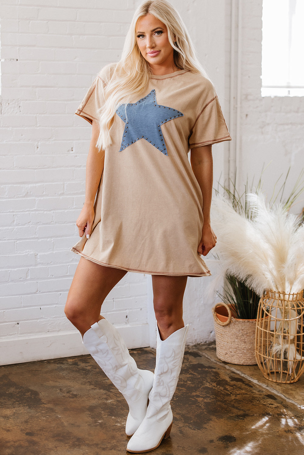 Khaki Stud Beaded Star Graphic Pocketed T-Shirt Dress