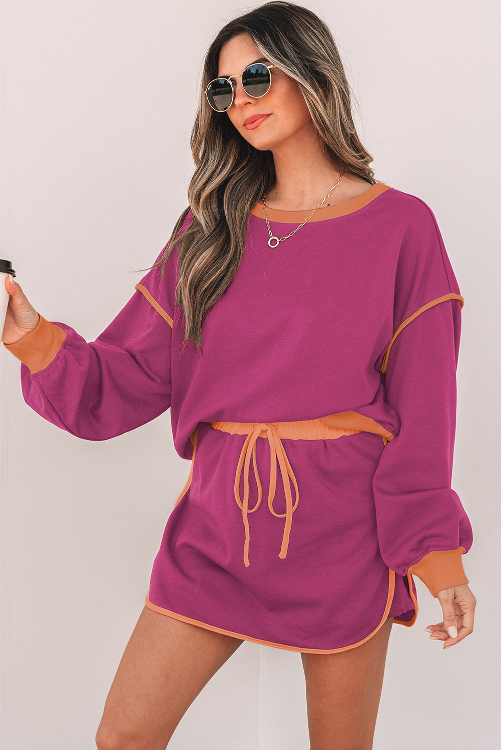 Color Contrast Loose Pullover and Tie Waist Skort Set