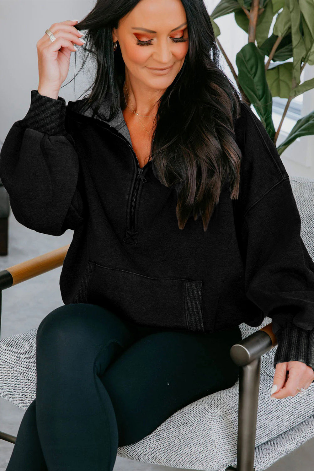 Half Zip Pocketed Mineral Wash Hoodie