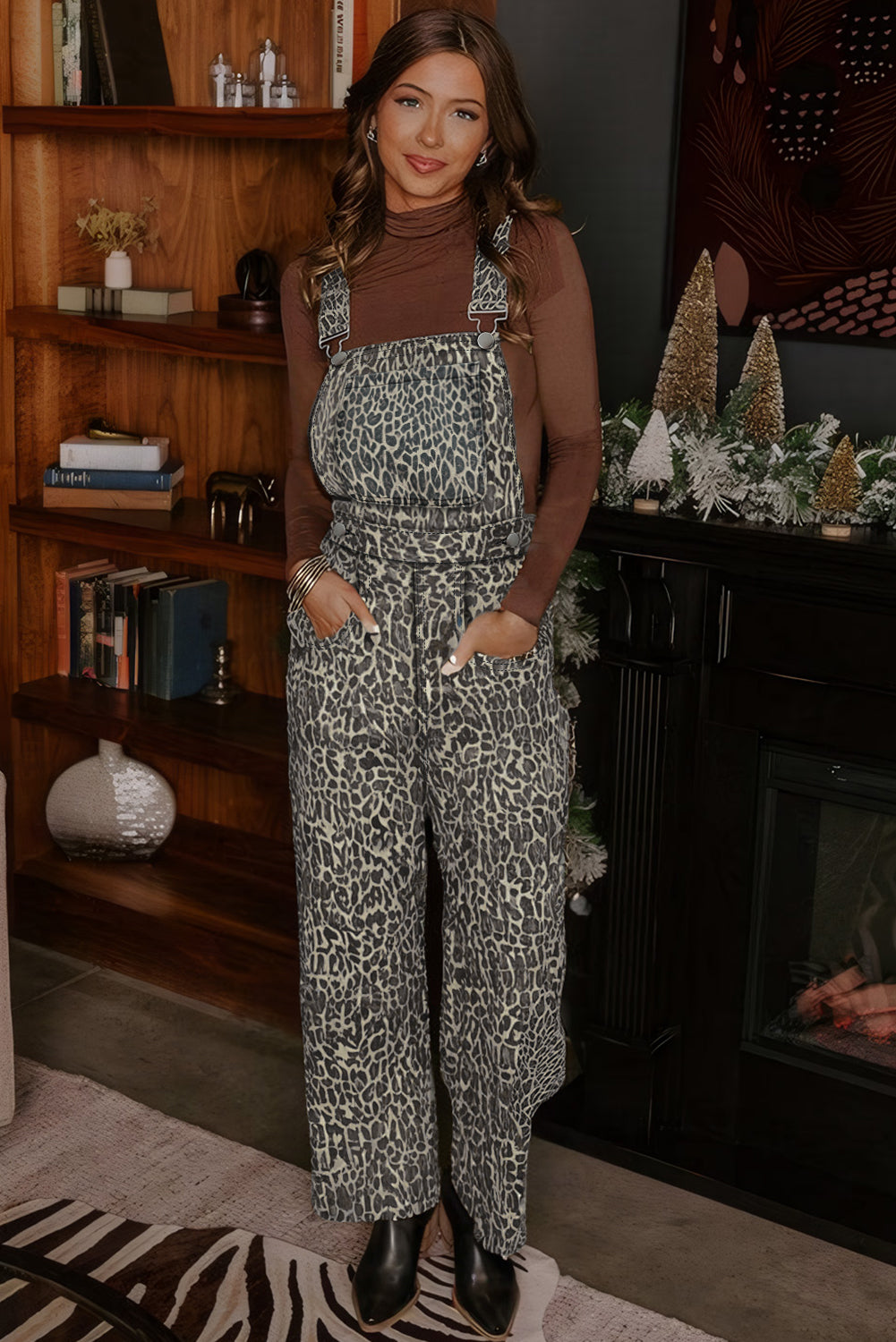 Leopard Print Straight Leg Denim Overall Jumpsuit