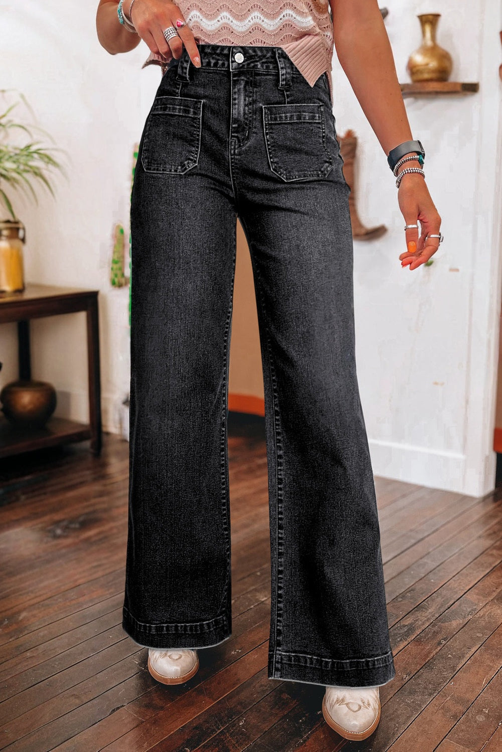 Wide Leg Pocketed High Waist Jeans