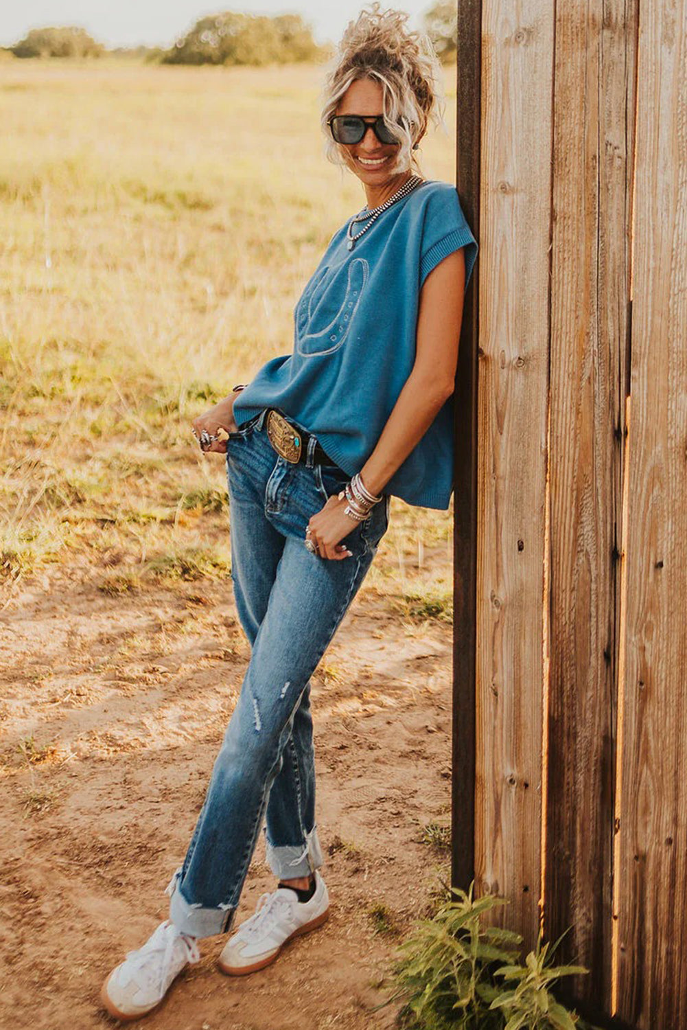 Blue Horseshoe Embroidered Loose Short Sleeve Sweater