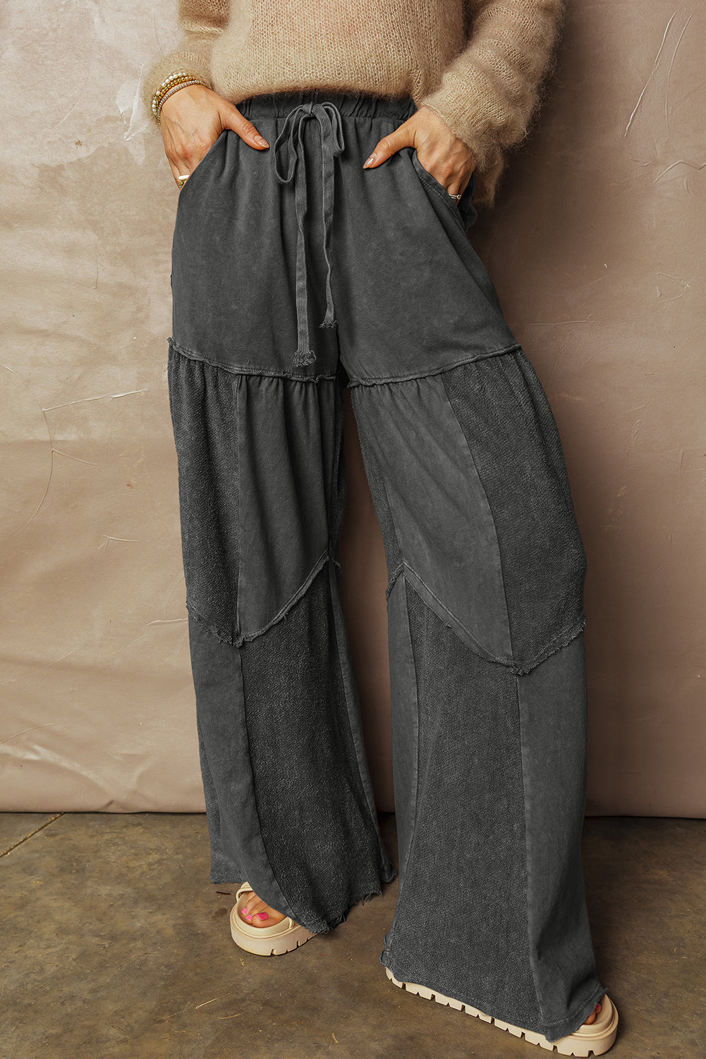 Black Mineral Wash Wide Leg Patchwork Drawstring Pants