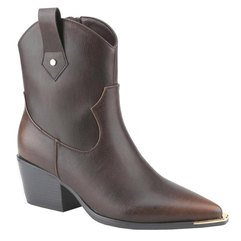 Belovely【Everywhere-5】Western Cowgirl Mid Leather Boot with Metal Toe and Heel Detail Walking Shoes Women Boots for Fall