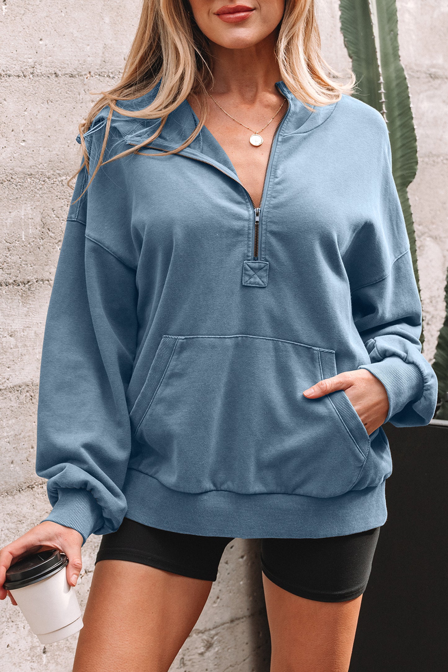 Half Zip Pocketed Mineral Wash Hoodie