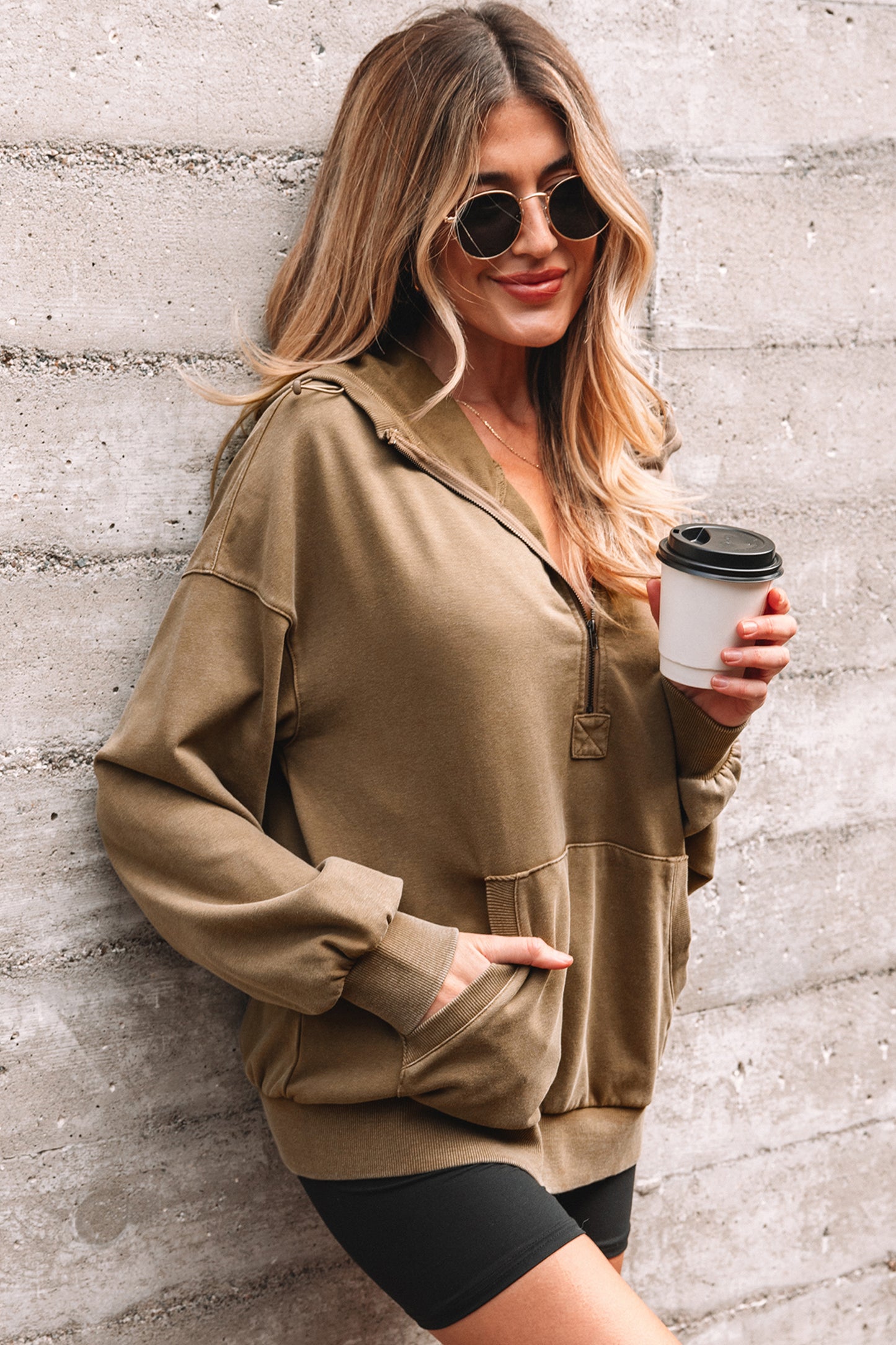 Half Zip Pocketed Mineral Wash Hoodie