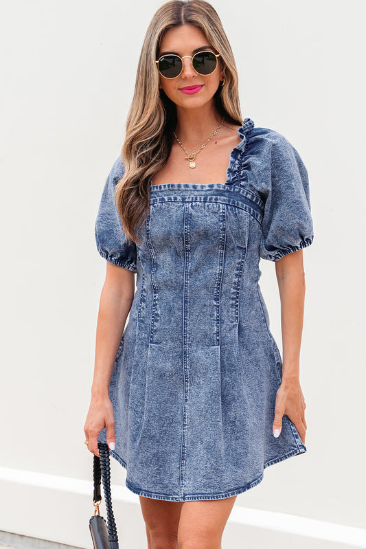 Blue Frilly Mini Denim Dress