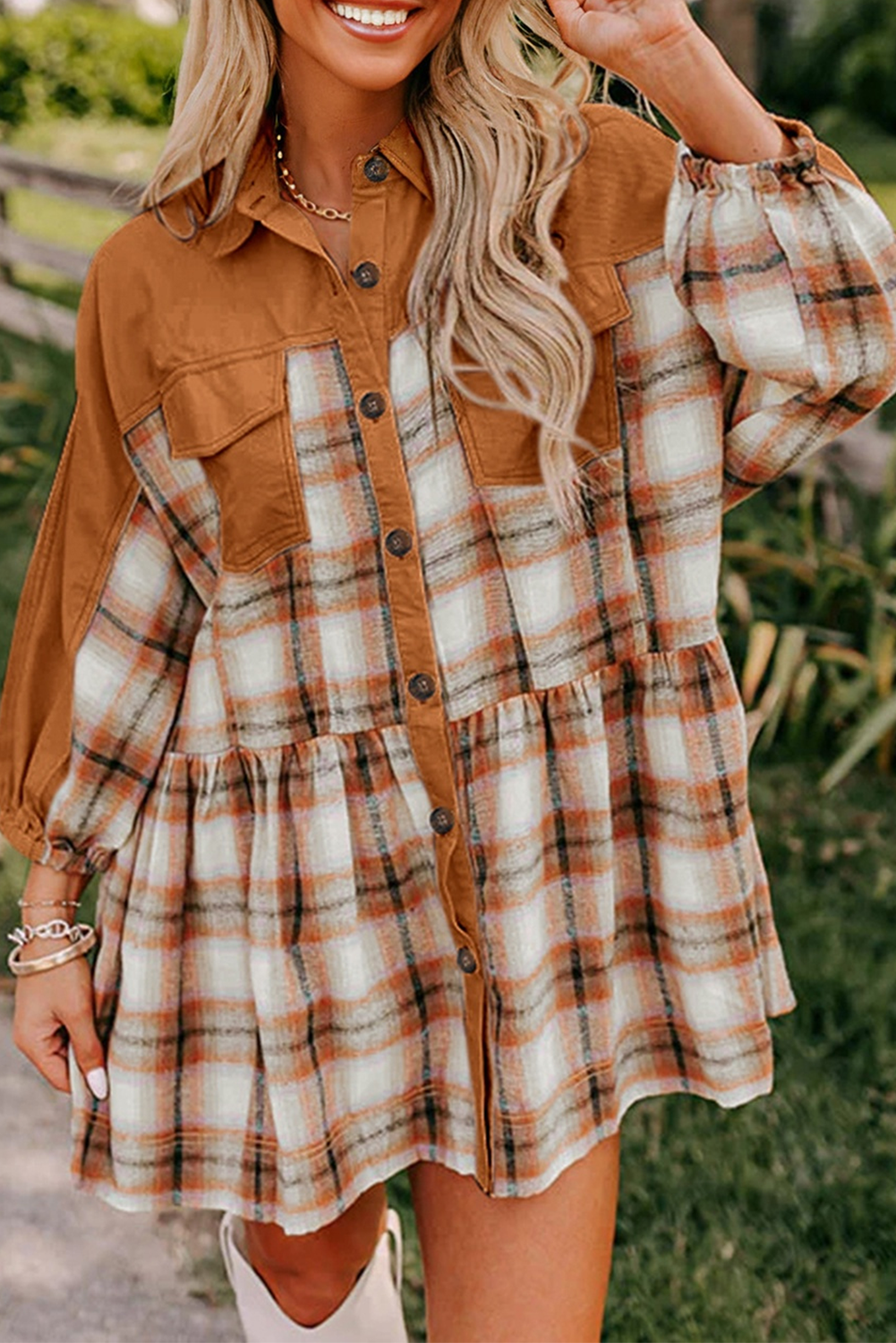Khaki Plaid Color Block Ruffle Hem Dress