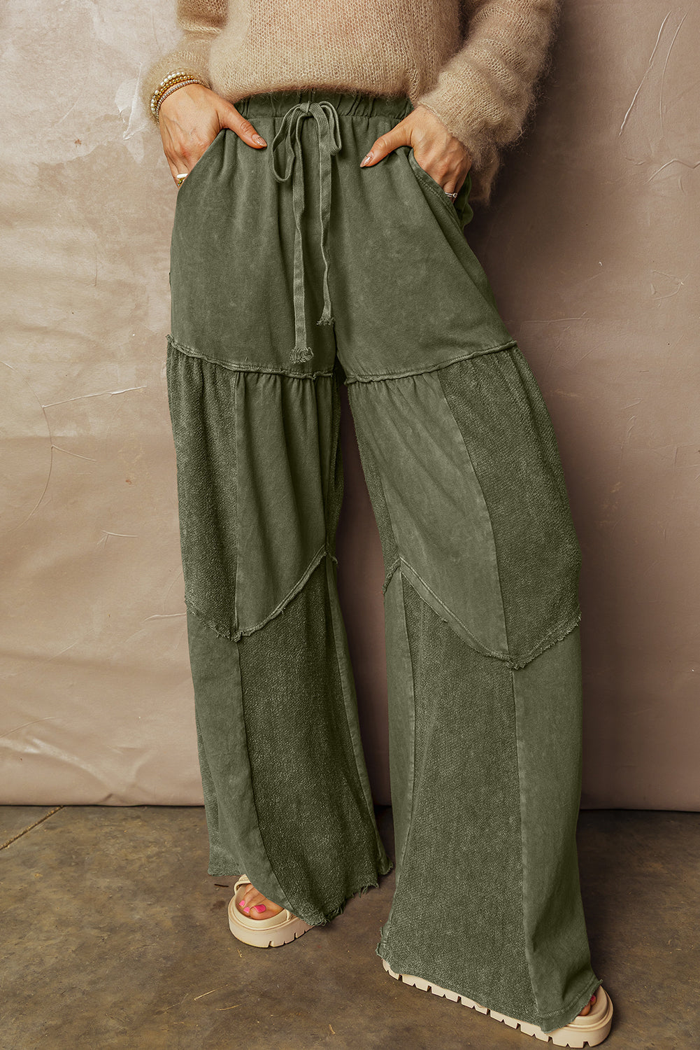Green Mineral Wash Wide Leg Patchwork Drawstring Pants
