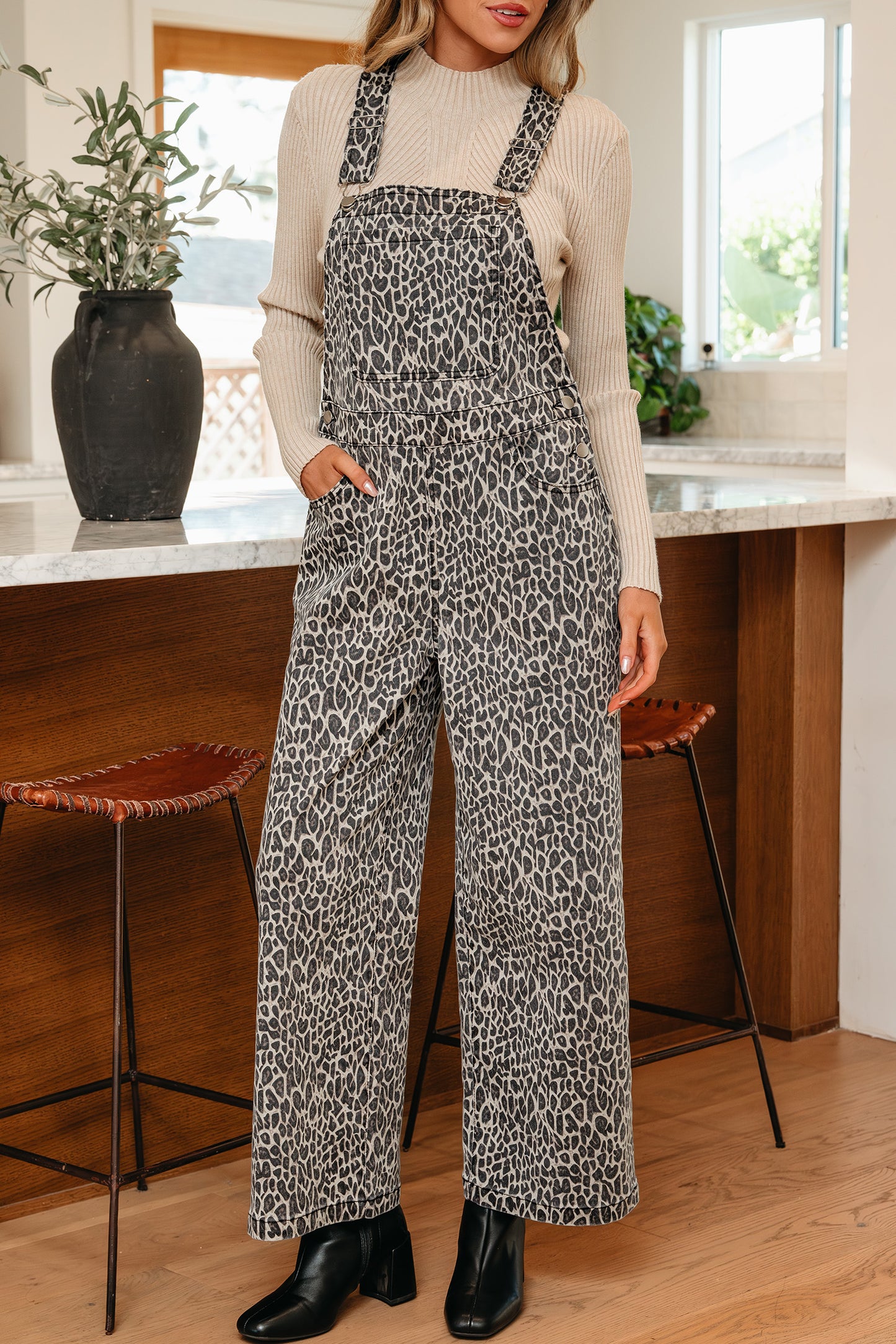 Leopard Print Straight Leg Denim Overall Jumpsuit