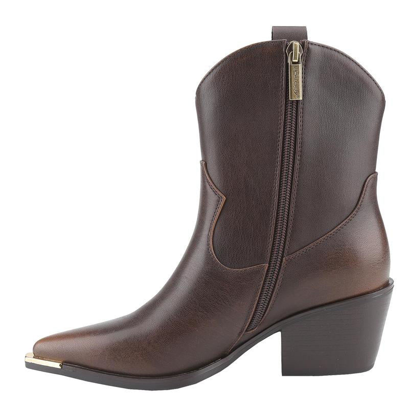 Belovely【Everywhere-5】Western Cowgirl Mid Leather Boot with Metal Toe and Heel Detail Walking Shoes Women Boots for Fall