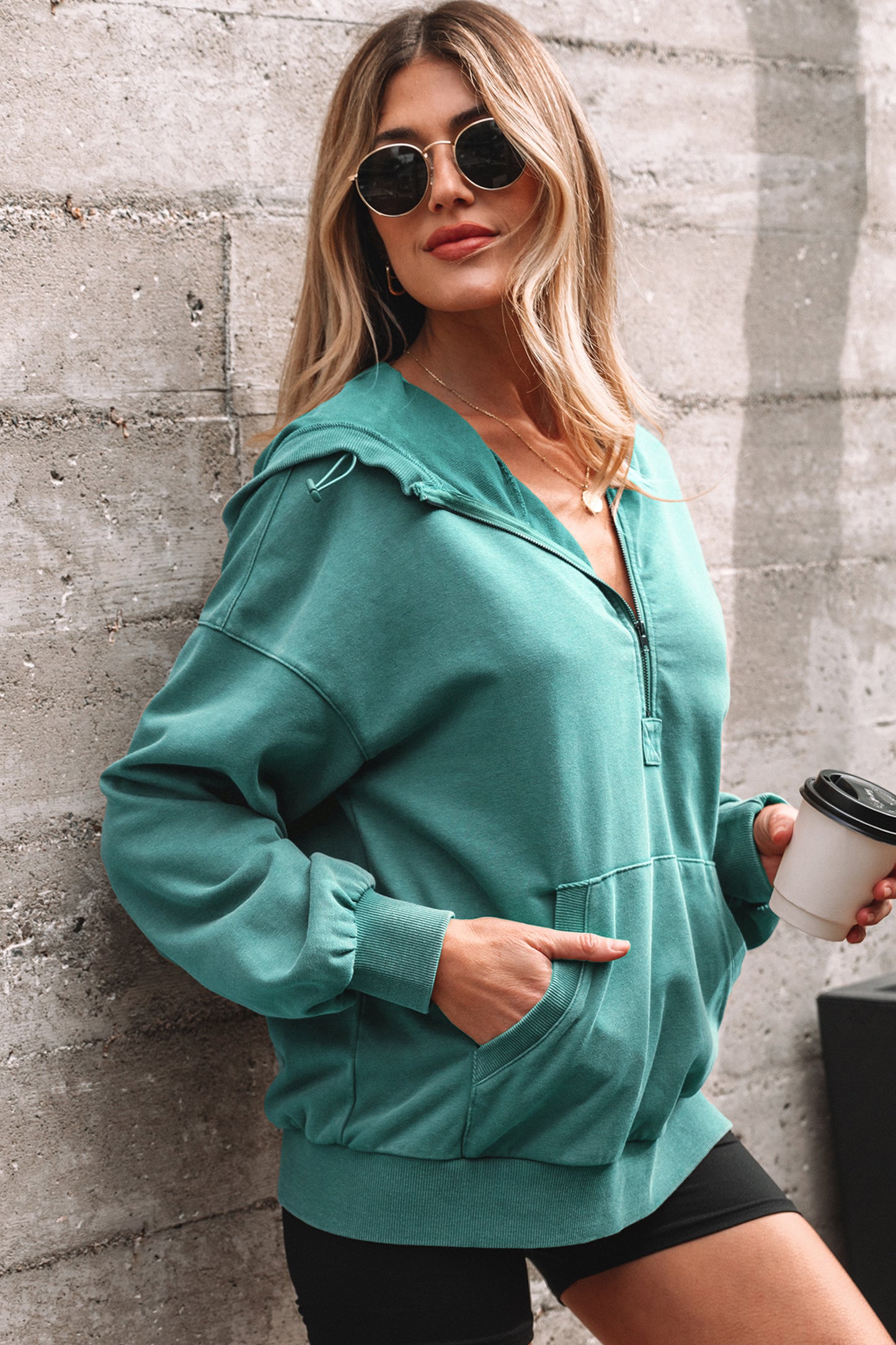 Half Zip Pocketed Mineral Wash Hoodie