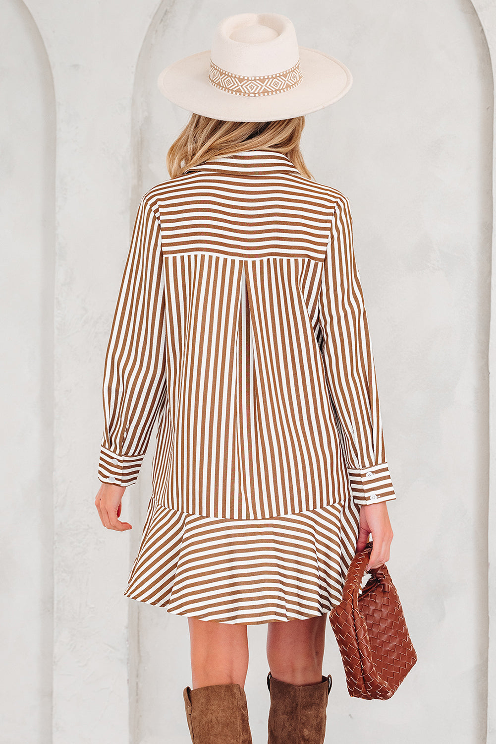 Brown Stripe Ruffled Hem Long Sleeve Mini Dress