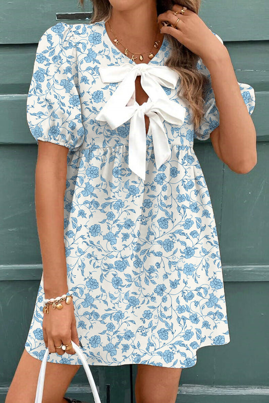 Sky Blue Bow Puff Sleeve Mini Floral Dress