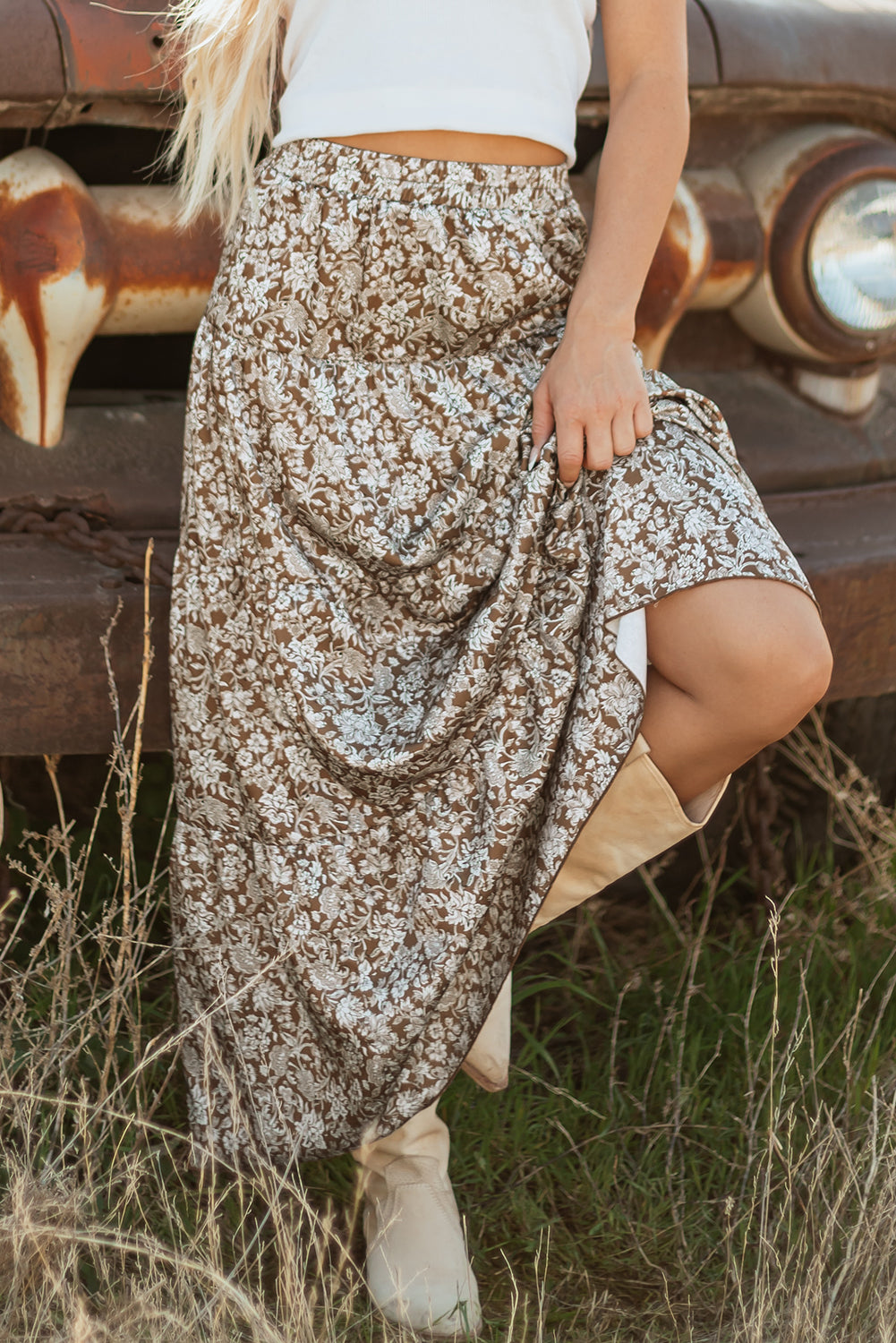 Brown Western Floral Print High Waist Loose Maxi Skirt