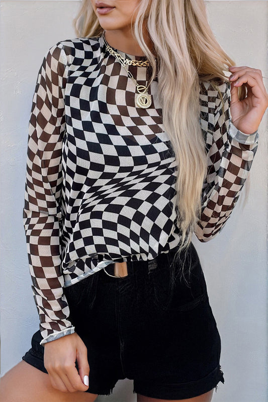 Black Checkered Mesh Long Sleeve Top