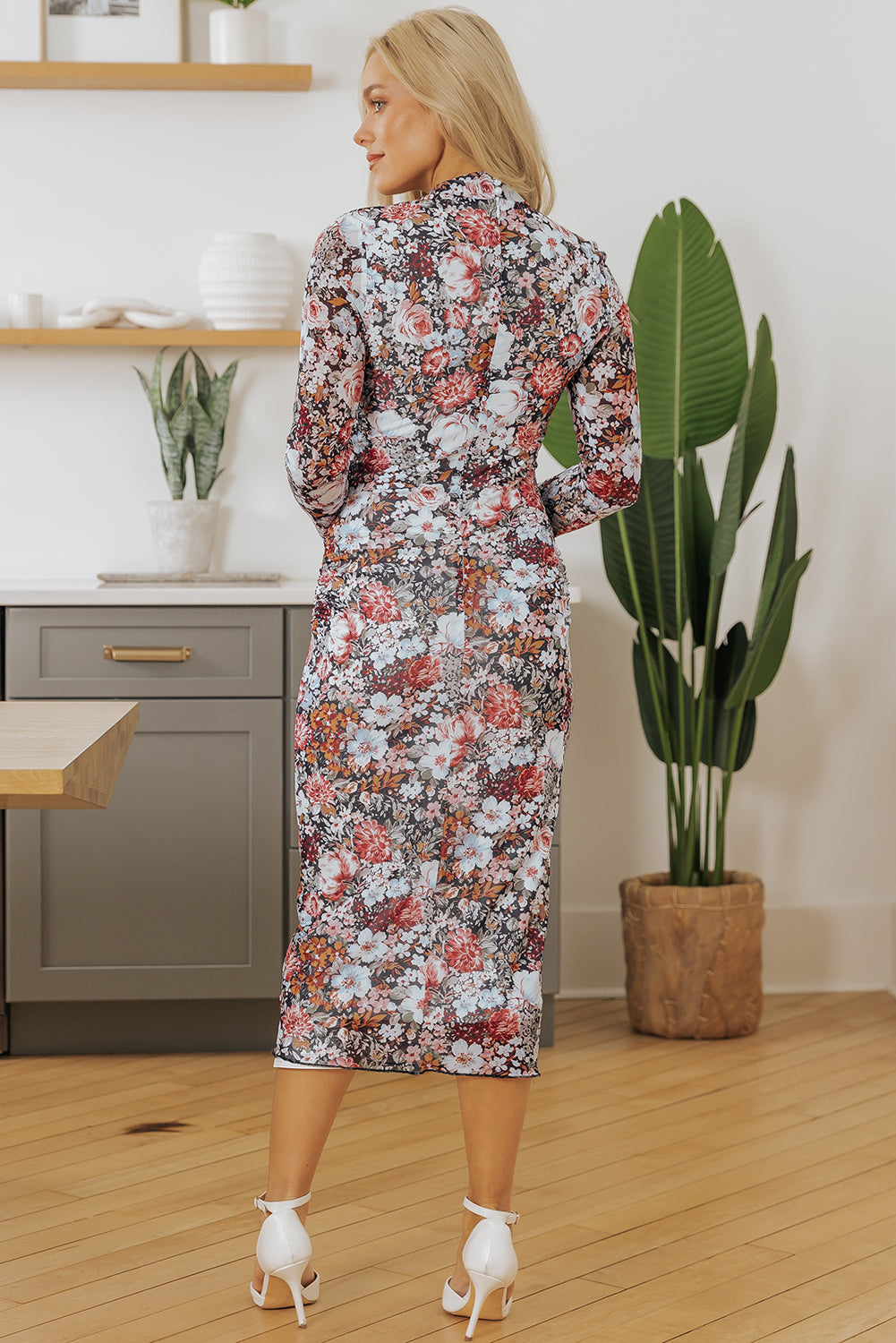 Floral Print Mock Neck Bodycon Long Sleeve Midi Dress