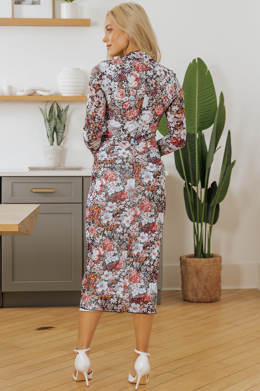 Floral Print Mock Neck Bodycon Long Sleeve Midi Dress