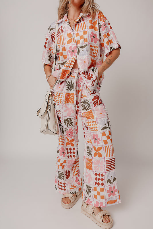 Floral Checkered Print Collared Shirt and Wide Leg Pants Set