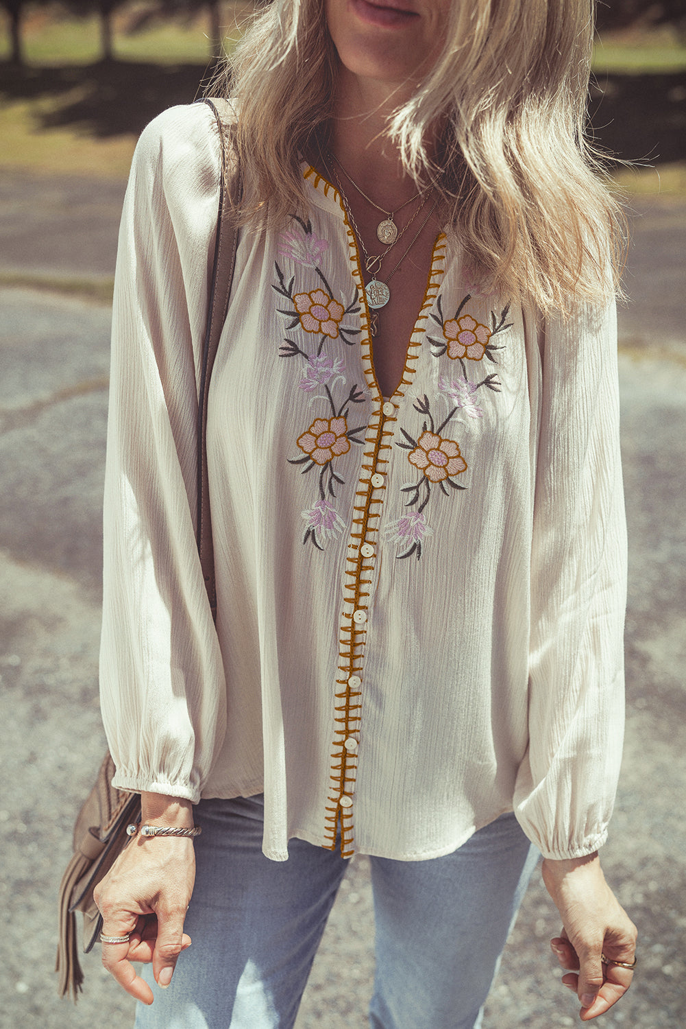 Beige Floral Embroidered Loose Shirt