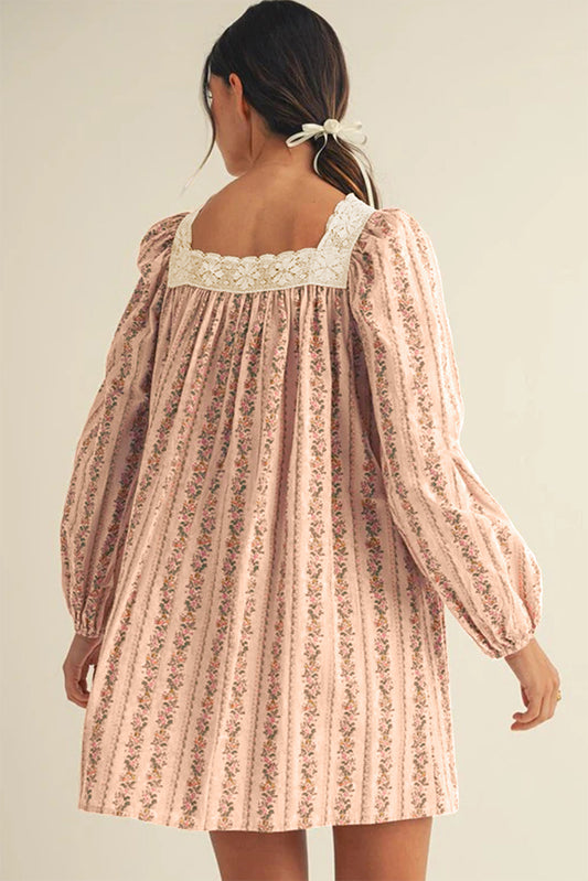 Long Sleeve Floral Print and Velvet Bow Mini Dress