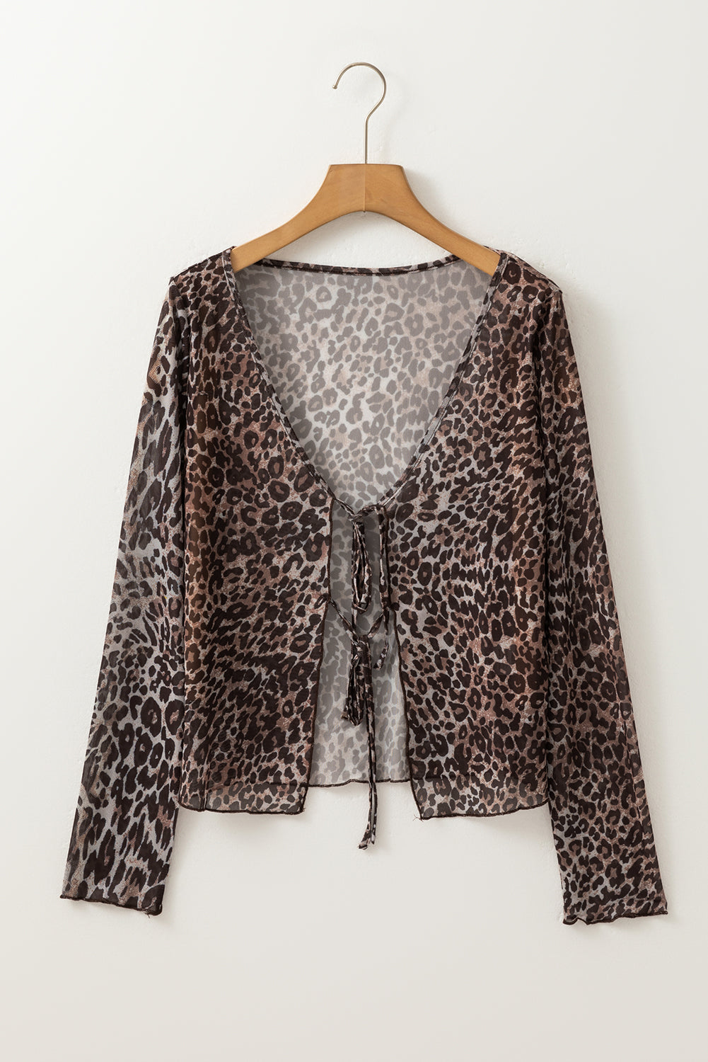 Leopard Sheer Long Sleeve Tie Blouse