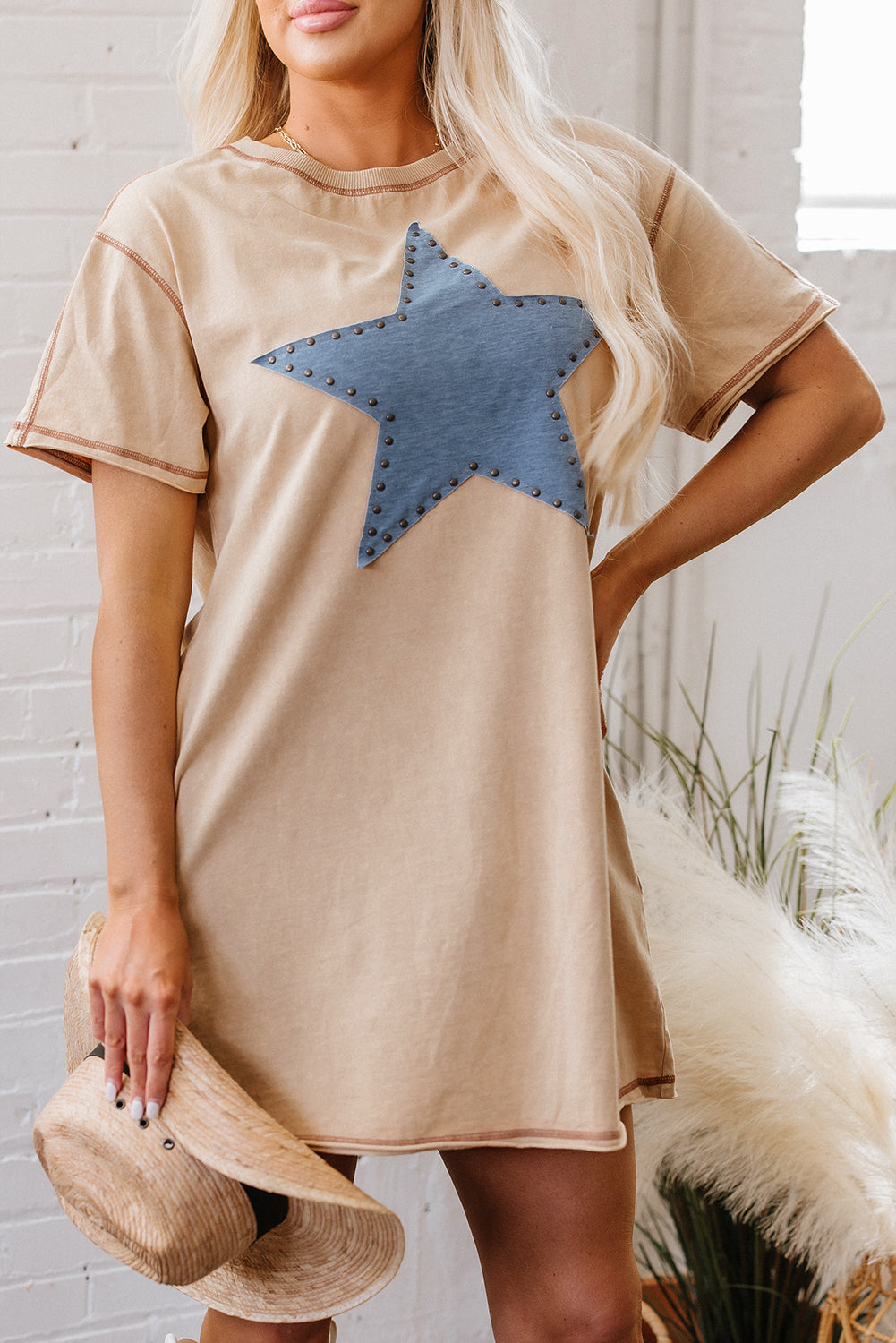 Khaki Stud Beaded Star Graphic Pocketed T-Shirt Dress