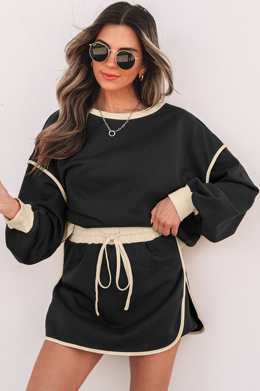 Black Color Contrast Loose Pullover and Tie Skort Set