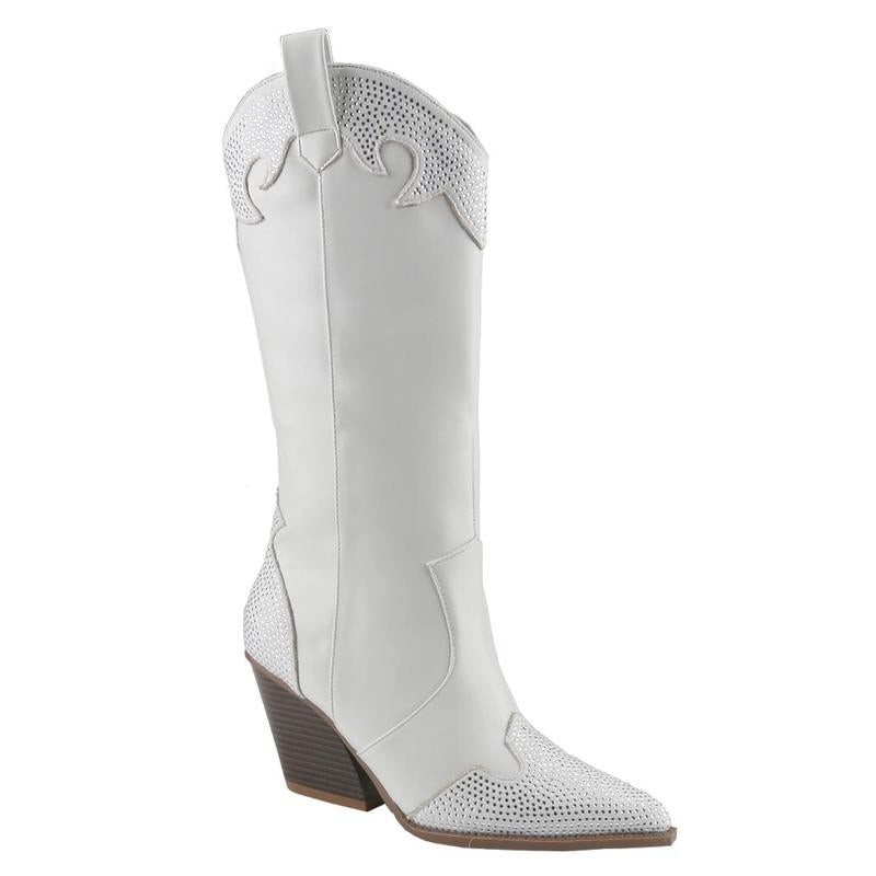 BELOVELY Unilady Women'S Rhinestone Boots Western Pointed Toe Fashion Cowgirl Boots 5Cm Chunky Stacked Heel Pull on Boots for Ladies Walking Shoes Footwear Bridal Onyx Comfort Rubber Shoe Bota Nylon Boots for Nail Boots for Fall [Everywhere-2]