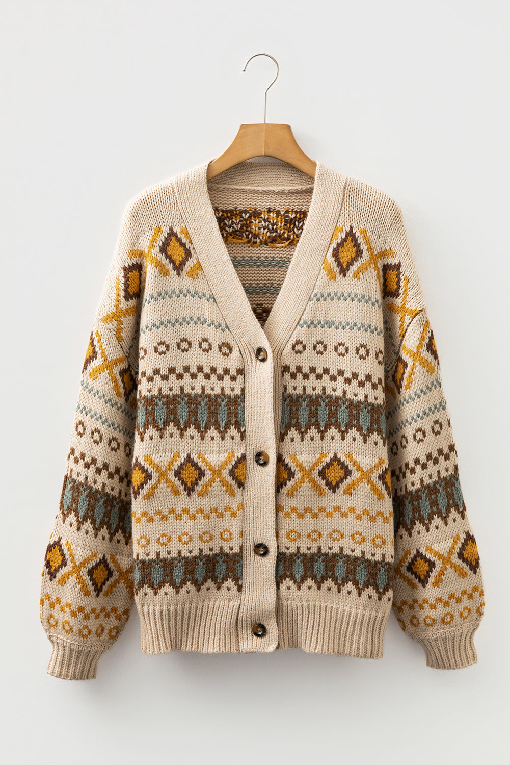 Khaki Western Pattern Button Cardigan Sweater