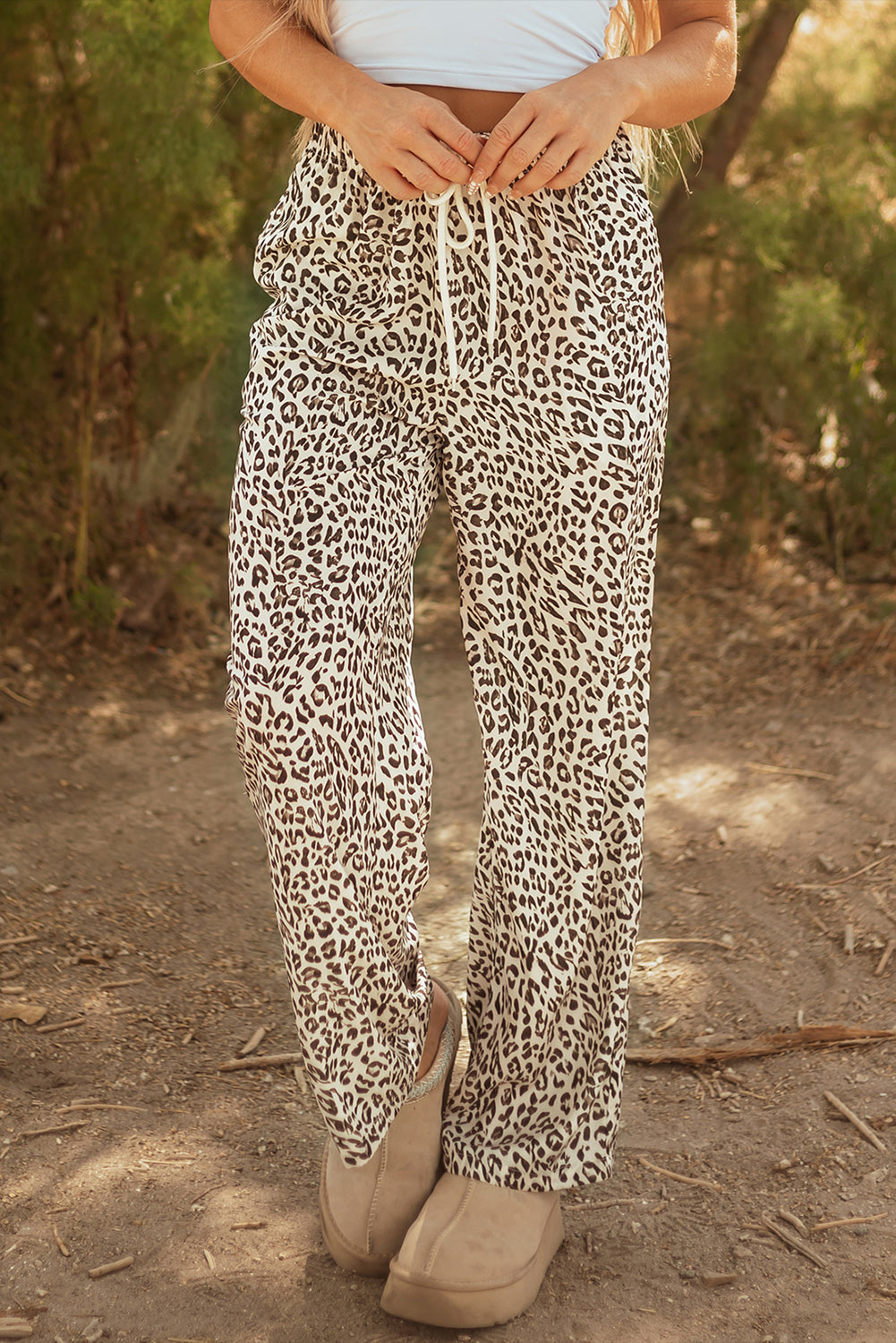 Leopard Drawstring Elastic Waistband Pants